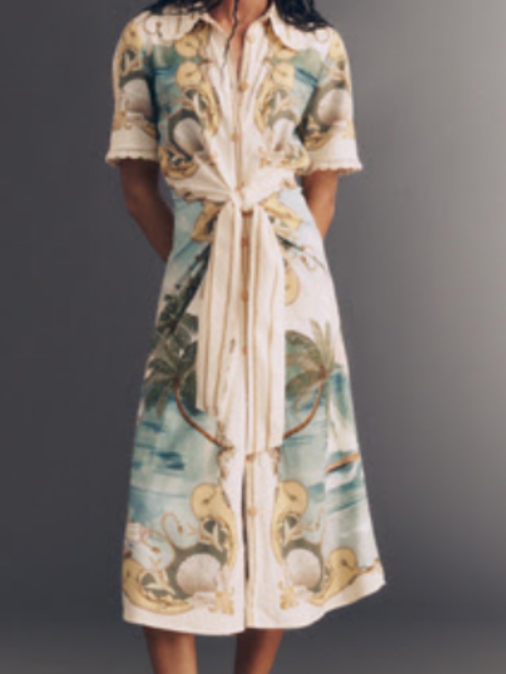 Farm Rio Royal Sea Gathered Waist Midi Dress Size S